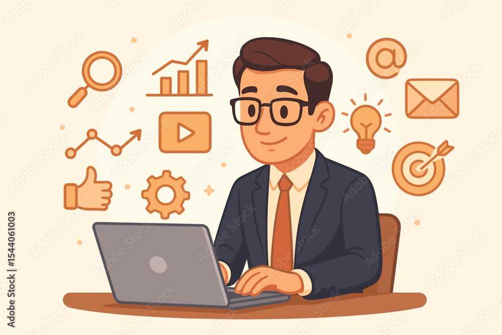Smiling Businessman Working on Laptop with Digital Marketing Strategy Icons. Online Business, SEO, Social Media, Email, Analytics, Growth. Modern Vector Cartoon Illustration for Success. Smiling Businessman Working on Laptop with Digital Marketing Strategy Icons. Online Business, SEO, Social Media, Email, Analytics, Growth. Modern Vector Cartoon Illustration for Success.