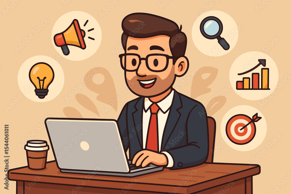 Smiling businessman working on laptop, cartoon vector illustration of digital marketing strategy, business growth, success, idea generation, online analysis, promotion, remote work concept. Smiling businessman working on laptop, cartoon vector illustration of digital marketing strategy, business growth, success, idea generation, online analysis, promotion, remote work concept.