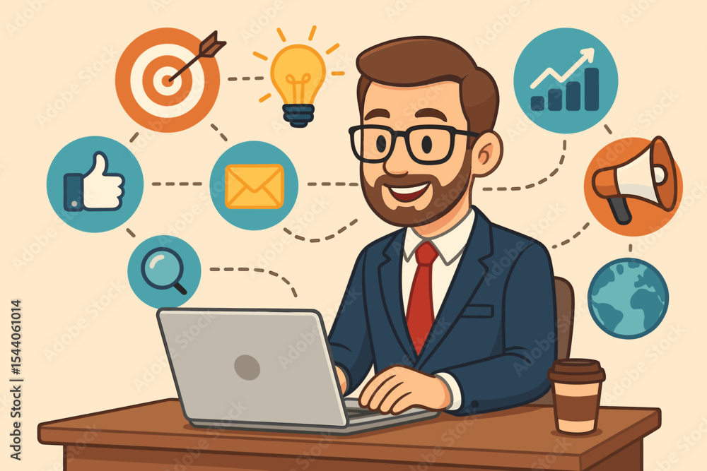 Businessman working on laptop with digital marketing strategy icons. Concept for content promotion, SEO, SMM, and email campaigns. Business development and growth vector illustration. Businessman working on laptop with digital marketing strategy icons. Concept for content promotion, SEO, SMM, and email campaigns. Business development and growth vector illustration.