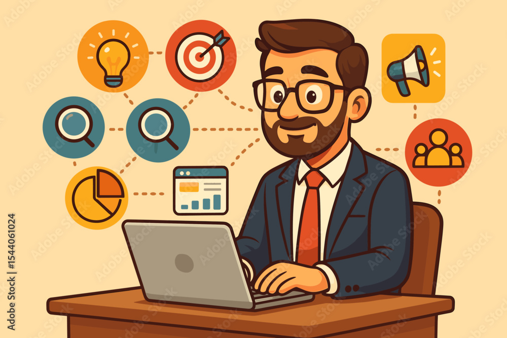 Businessman at desk working on laptop with digital marketing strategy icons. Concept of business analysis, SEO, advertising, and content management. Vector cartoon illustration. Businessman at desk working on laptop with digital marketing strategy icons. Concept of business analysis, SEO, advertising, and content management. Vector cartoon illustration.