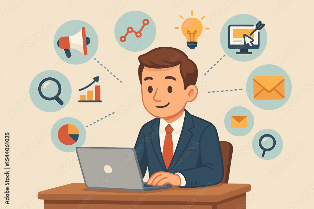 Businessman at laptop planning digital marketing strategy. Vector cartoon concept illustration with icons for SEO, analytics, email, PPC, and business growth. Infographic elements. Businessman at laptop planning digital marketing strategy. Vector cartoon concept illustration with icons for SEO, analytics, email, PPC, and business growth. Infographic elements.