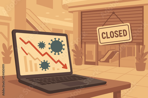 COVID-19 pandemic economic downturn vector illustration. Laptop screen shows market crash graph with coronavirus symbols. Closed shopping mall store signifies global recession and business closure.