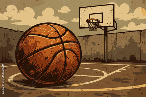 Vintage grunge basketball scene with classic textured ball and outdoor court hoop. Retro distressed street sport game vector illustration with aged urban aesthetic.