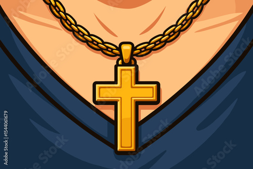 Gold Cross Necklace, Christian Faith Symbol of Devotion, Sacred Spirituality & Religious Beliefs, Holy Jewelry Accessory, Divine Emblem, Cartoon Vector Illustration