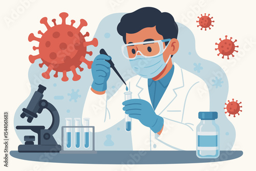 Scientist developing COVID-19 vaccine in laboratory. Medical researcher conducting experimental virus research, discovering cures for global pandemic. Healthcare innovation vector cartoon.
