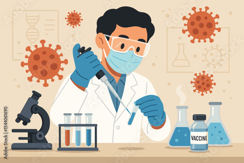 Coronavirus vaccine development concept with scientist in lab. Male virologist conducting experimental research for a COVID-19 cure. Medical biotechnology and pandemic research.