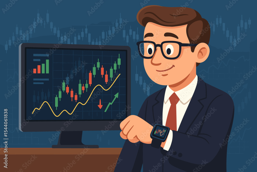 Businessman investor analyzing stock market data on computer monitor and smartwatch. Forex trading, cryptocurrency exchange concept. Cartoon character broker with candlestick chart. Businessman investor analyzing stock market data on computer monitor and smartwatch. Forex trading, cryptocurrency exchange concept. Cartoon character broker with candlestick chart.