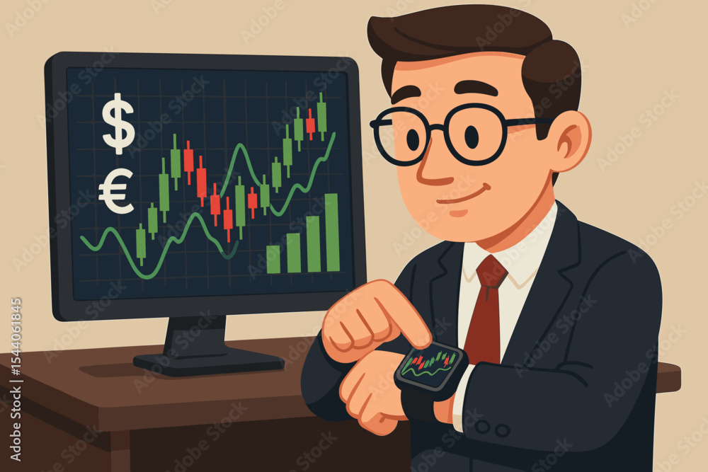 Businessman trader analyzing stock market chart on computer and smartwatch. Forex currency exchange concept. Investor monitoring financial data and candlestick graph for profit. Businessman trader analyzing stock market chart on computer and smartwatch. Forex currency exchange concept. Investor monitoring financial data and candlestick graph for profit.