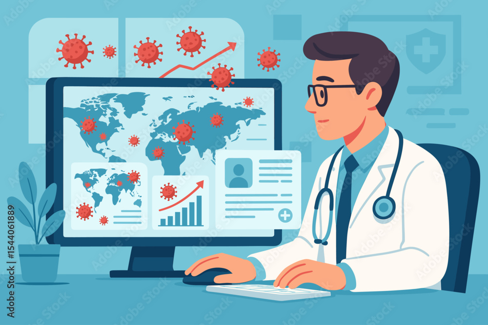 Doctor monitors global virus pandemic on computer. Healthcare professional analyzing COVID-19 outbreak data on world map with charts and graphs. Digital health, EHR concept vector. Doctor monitors global virus pandemic on computer. Healthcare professional analyzing COVID-19 outbreak data on world map with charts and graphs. Digital health, EHR concept vector.