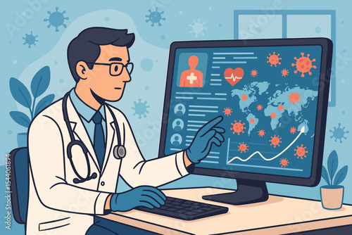 Medical Doctor Analyzing Global COVID-19 Outbreak Data with Digital Health Records on Computer. Coronavirus Pandemic Statistics. Vector Cartoon Illustration. Healthcare Technology Concept