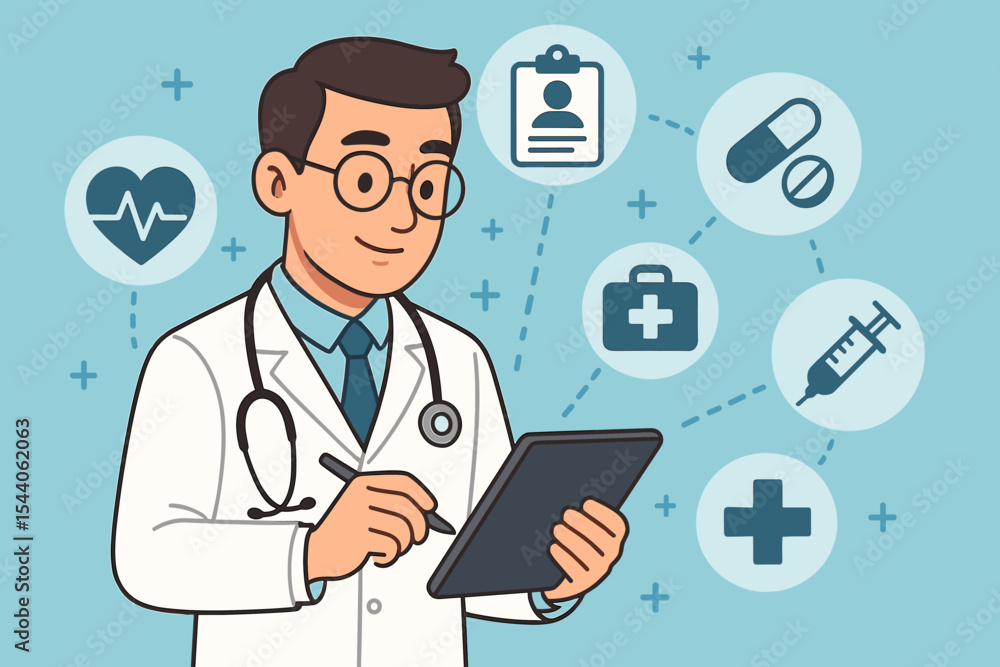 Medical Doctor Using Digital Tablet for Patient Data Entry with Healthcare Icons, Stethoscope, Pills, Syringe, Heartbeat, Medical Records, Modern Healthcare Technology Concept Vector Illustration Medical Doctor Using Digital Tablet for Patient Data Entry with Healthcare Icons, Stethoscope, Pills, Syringe, Heartbeat, Medical Records, Modern Healthcare Technology Concept Vector Illustration