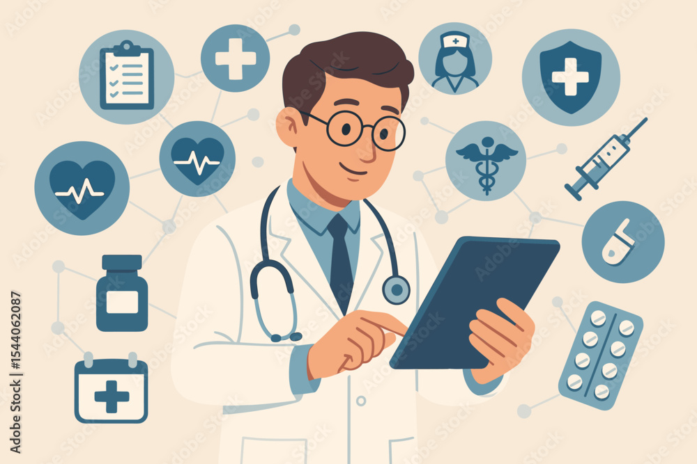 Medical doctor using digital tablet for patient data management with healthcare technology icons. Modern medicine, electronic health records, telemedicine, hospital, stethoscope, prescription concept Medical doctor using digital tablet for patient data management with healthcare technology icons. Modern medicine, electronic health records, telemedicine, hospital, stethoscope, prescription concept