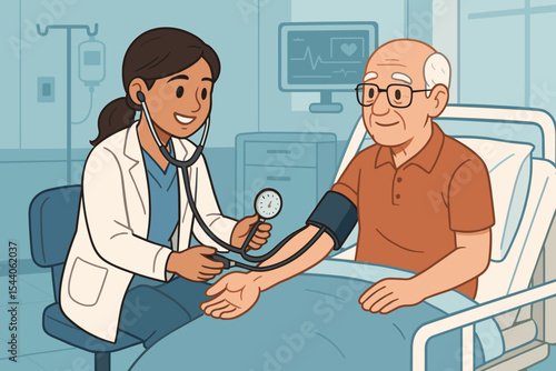 Medical professional measuring blood pressure of elderly male patient in hospital room. Healthcare checkup, monitoring vital signs, doctor visit, nursing care, medical examination vector illustration