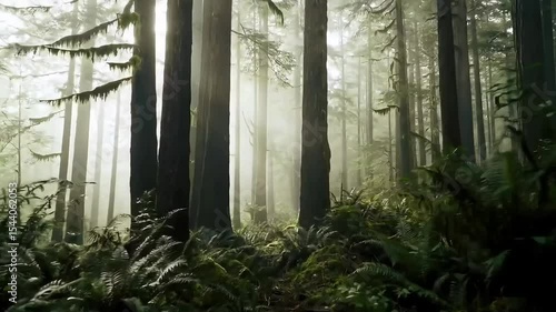 Lush forest with fog and sunlight filtering through tall trees  