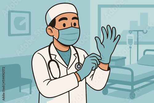 Doctor putting on protective gloves and face mask in hospital. Male surgeon preparing for surgery. Healthcare, hygiene, safety, virus protection concept. Cartoon vector illustration.