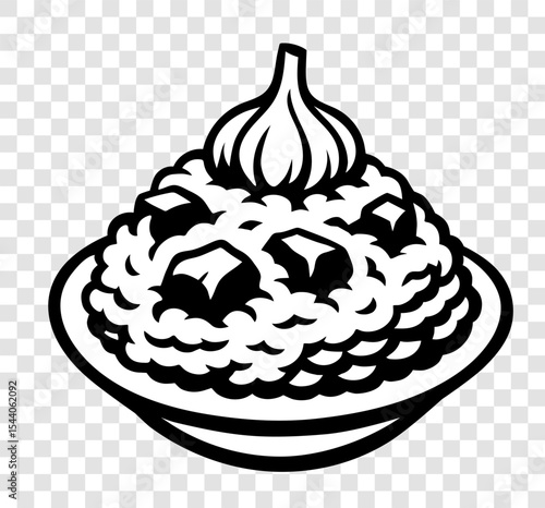 A plate of food with a piece of garlic on top