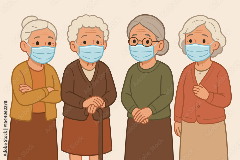 Elderly women group wearing face masks to prevent coronavirus infection. Senior female friends in protective medical masks. Social distancing, health care, pandemic illustration. Vector cartoon. Elderly women group wearing face masks to prevent coronavirus infection. Senior female friends in protective medical masks. Social distancing, health care, pandemic illustration. Vector cartoon.