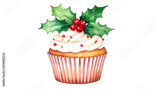 Christmas cupcake with holly, and festive treat.
