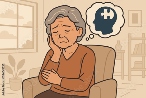 Senior woman sitting alone at home reflecting on memory loss, dementia, Alzheimer’s disease, confusion, mental decline, elderly care, aging, cognitive impairment, vector illustration