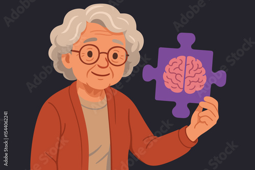 Elderly woman holding brain puzzle piece symbolizing Alzheimer’s, dementia awareness, memory loss, cognitive decline, brain health, mental disease prevention, cartoon vector illustration