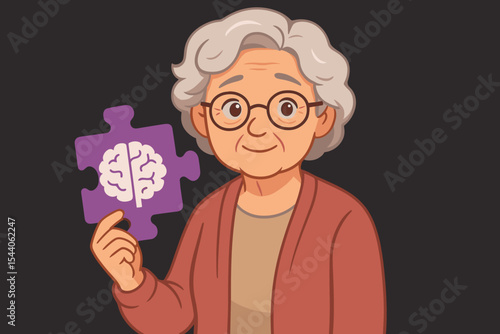 Senior woman holding purple puzzle piece with brain icon, symbolizing Alzheimer’s awareness, dementia, memory loss, mental health, cognitive decline, elderly care concept, vector illustration