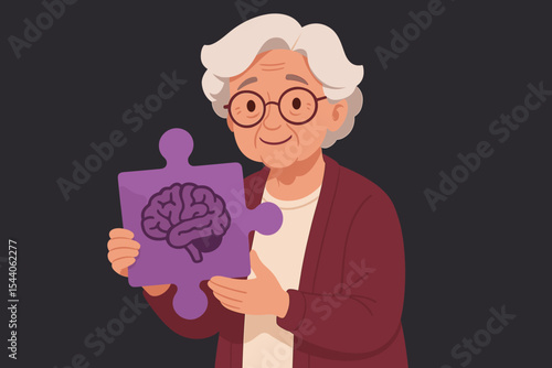 Elderly woman holding puzzle piece with brain icon, symbolizing Alzheimer’s disease, dementia awareness, memory loss, cognitive decline, mental health, aging, brain health on dark background
