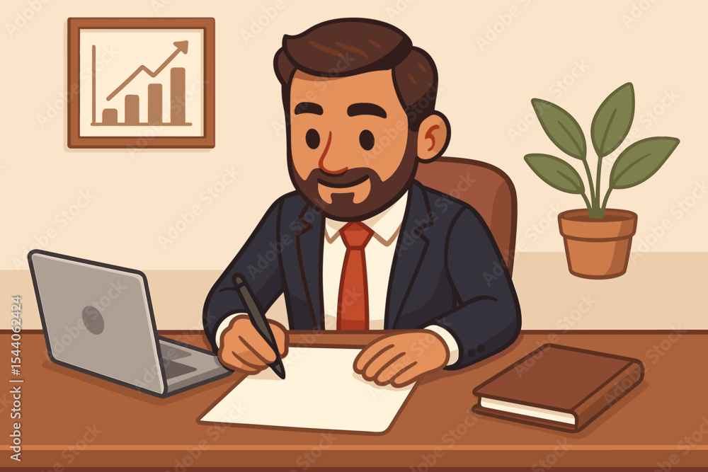 Businessman Working at Desk Writing Business Plan Strategy for 2025, Office Interior, Laptop, Growth Chart, Modern Corporate Cartoon Vector Illustration, Entrepreneur Planning Success Businessman Working at Desk Writing Business Plan Strategy for 2025, Office Interior, Laptop, Growth Chart, Modern Corporate Cartoon Vector Illustration, Entrepreneur Planning Success