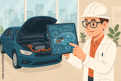Automotive engineer using augmented reality tablet to inspect electric vehicle battery and engine system in modern car showroom. Futuristic technology diagnostic concept. Vector illustration