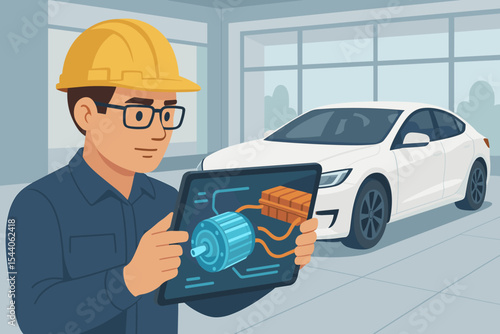 Engineer with Hard Hat Using Augmented Reality Tablet to Analyze Electric Car Motor and Battery in Modern Auto Showroom. Smart Vehicle Technology, EV Inspection, Futuristic Automotive Concept