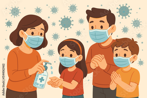 Family wearing medical masks sanitizing hands together. Virus prevention, hygiene habits, pandemic protection. Parents and children, coronavirus outbreak, flu, healthcare, public safety concept vector