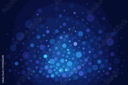 Abstract dark blue bokeh background with shimmering luminous particles and glowing light circles, creating a mystical, dreamy, and futuristic atmosphere. Elegant deep gradient vector illustration.