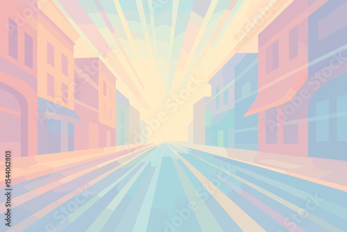 Abstract pastel urban street background with sunburst light rays and colorful city buildings. Modern minimalist vector illustration of a cartoon cityscape with bright dawn or dusk sky.