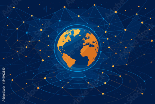 Abstract Global Digital Network Concept. Data Exchange, World Connectivity, Internet Communication, Modern Technology. Futuristic Earth Diagram for Business, Finance, IT, Big Data, Hi-tech Solutions