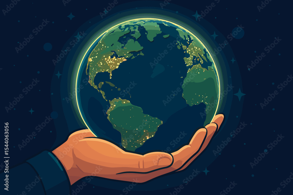 Human hand holding glowing Earth at night, planet illuminated with city lights, symbolizing energy conservation, sustainability, environmental responsibility, global awareness, vector illustration Human hand holding glowing Earth at night, planet illuminated with city lights, symbolizing energy conservation, sustainability, environmental responsibility, global awareness, vector illustration