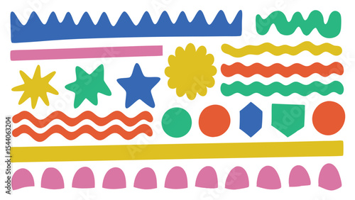 Assorted shapes and lines in various colors arranged on a white background in a playful manner