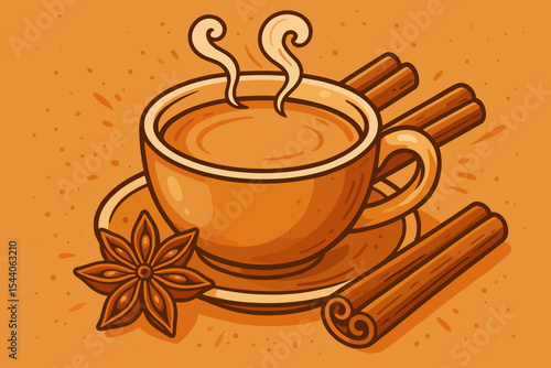 Cozy steaming masala chai tea cup cartoon vector. Traditional aromatic Indian spiced hot beverage with star anise and cinnamon sticks. Warm comforting delicious drink illustration.
