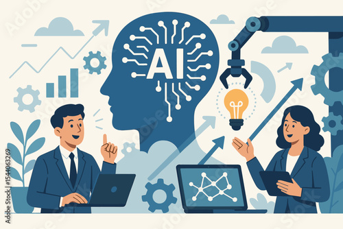 Artificial intelligence concept. Machine learning, business technology revolution. Teamwork for growth and data analysis. Robotic arm with idea lightbulb. Future strategy vector.