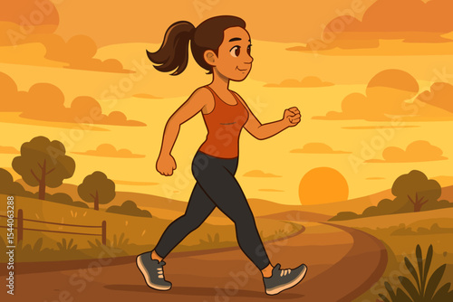 Sporty woman walking on a countryside path at sunset. Healthy lifestyle concept, fitness exercise, outdoor cardio workout. Female athlete character enjoying nature. Vector illustration.