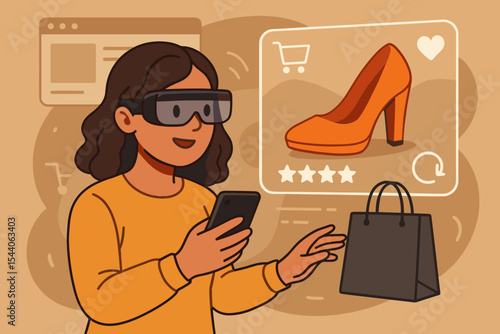 Augmented reality online shopping concept. Woman in AR glasses uses phone for e-commerce, trying on virtual shoes. Future of retail technology and metaverse customer experience vector.