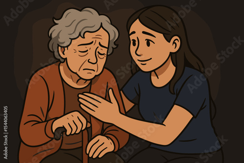 Caring young woman comforting elderly mother with dementia and Parkinson’s, emotional support, intergenerational connection, compassion, empathy, mental health awareness, vector illustration