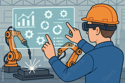 Augmented reality industrial automation controlling robotic welding arms with smart glasses, factory technology, digital interface, manufacturing process vector illustration