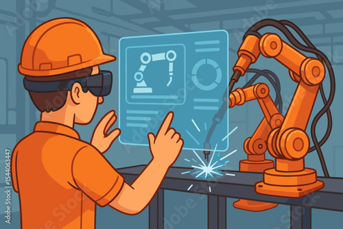 Augmented reality in industrial automation. Engineer with AR glasses controls robotic welding arms on a factory production line. Smart manufacturing and Industry 4.0 technology concept.