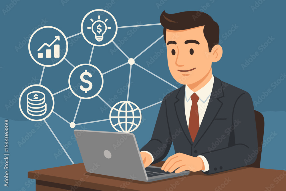 Financial executive planning investment strategy on laptop with digital network of money, growth, idea, and global connection icons. Online business analysis and success. Financial executive planning investment strategy on laptop with digital network of money, growth, idea, and global connection icons. Online business analysis and success.