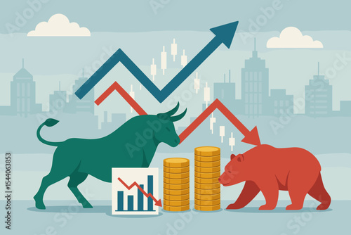Dynamic Stock Market Analysis with Bull and Bear Symbols on Cityscape Background. Financial Growth and Decline, Investment Trading, Business Economics Cartoon Vector Illustration.