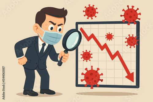 Businessman in Suit Wearing Mask Analyzing Coronavirus Impact on Stock Market Crash, Downward Financial Chart, COVID-19 Economic Crisis, Vector Cartoon Illustration, Pandemic Business Loss Concept