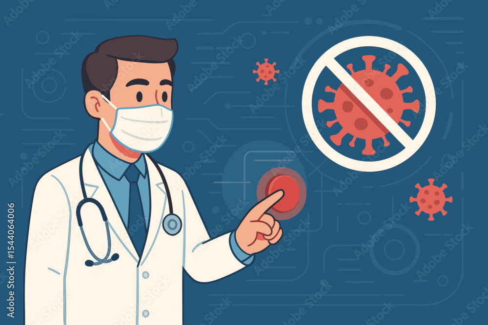 Doctor stops COVID-19 pandemic concept. Male medic pushes button on a virtual interface to end the coronavirus outbreak. Healthcare technology, science, and medicine fighting virus. Doctor stops COVID-19 pandemic concept. Male medic pushes button on a virtual interface to end the coronavirus outbreak. Healthcare technology, science, and medicine fighting virus.
