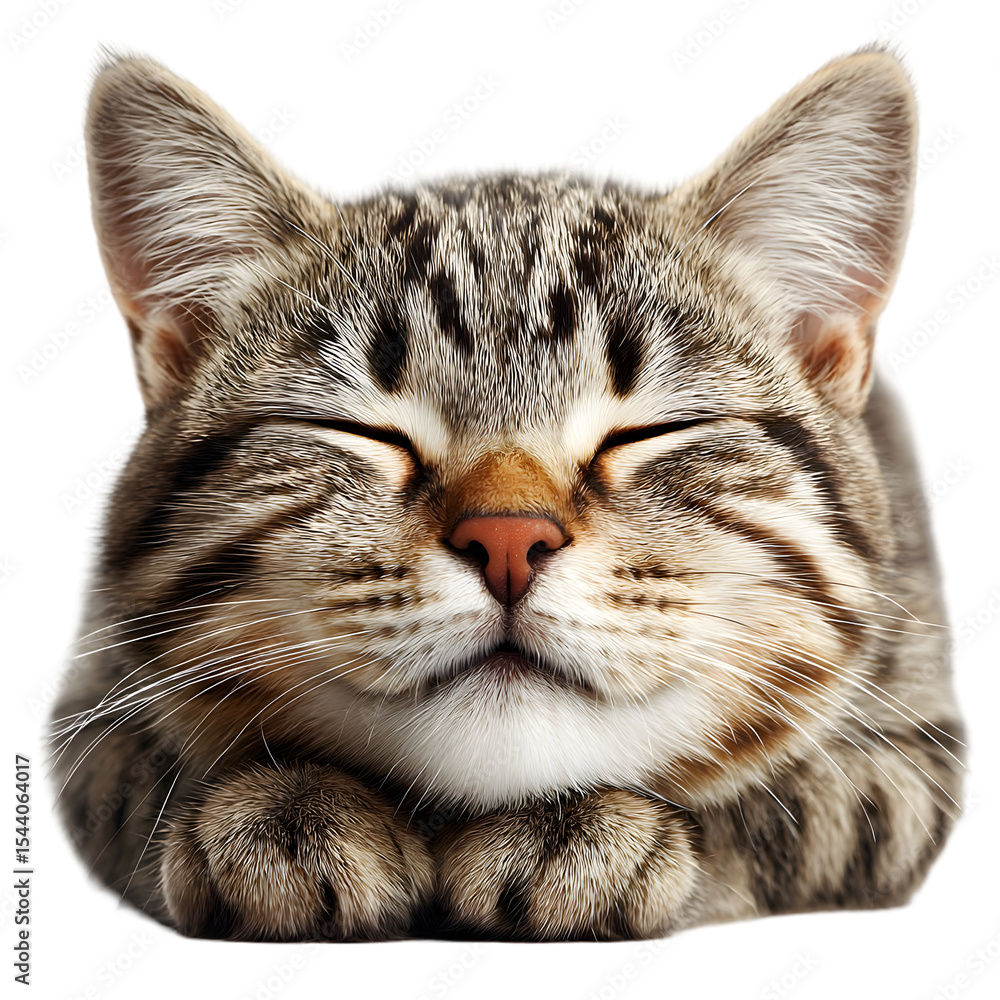 Fototapeta premium Adorable tabby cat sleeping peacefully eyes closed paws tucked in cute kitty isolated on transparent background