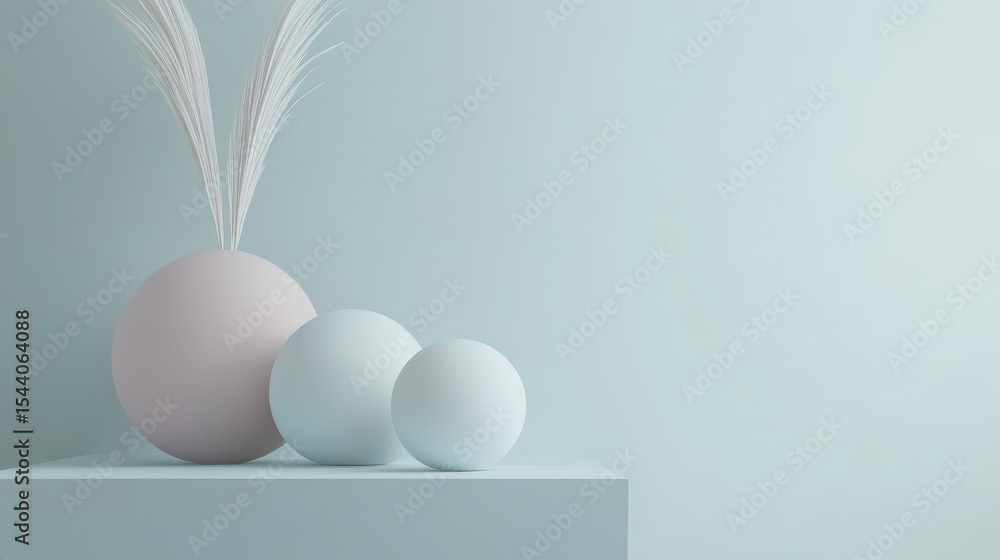 Fototapeta premium Pastel-toned spheres and decorative pampas grass on a light-blue platform.
