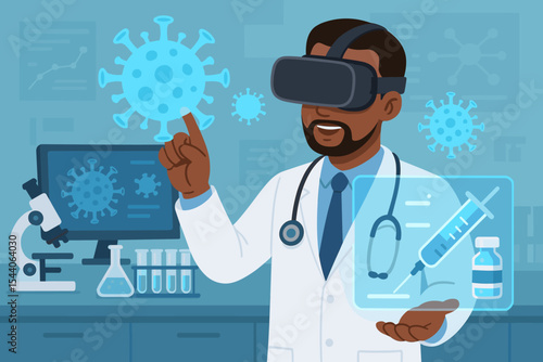 Scientist using virtual reality for coronavirus research. Black male doctor wearing VR headset analyzes COVID-19 vaccine data on a holographic interface in a futuristic laboratory.
