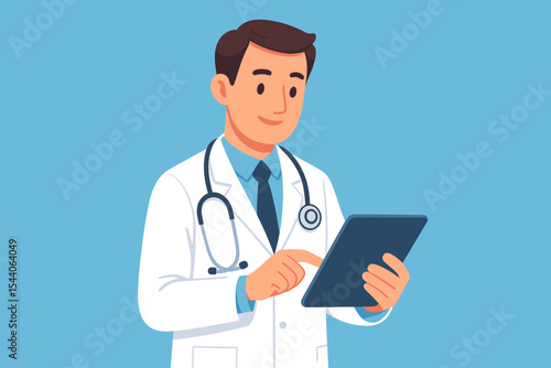 Friendly male doctor using digital tablet with stethoscope for modern medical consultation. Cartoon vector illustration of professional healthcare technology on blue background.
